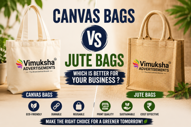Canvas Bags vs Jute Bags comparison image featuring a customized canvas bag and a jute bag with the Vimuksha Advertisements logo, highlighting eco-friendly, reusable, durable, and sustainable promotional bags for business branding.