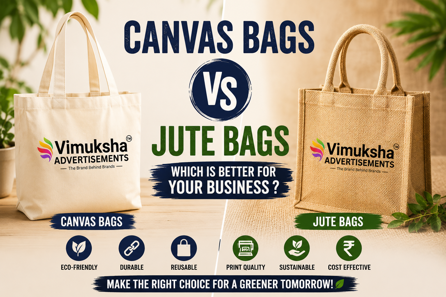 Canvas Bags vs Jute Bags comparison image featuring a customized canvas bag and a jute bag with the Vimuksha Advertisements logo, highlighting eco-friendly, reusable, durable, and sustainable promotional bags for business branding.