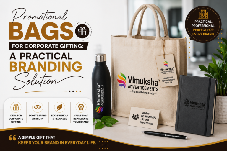 Promotional bags for corporate gifting featuring a branded Vimuksha Advertisements canvas tote bag alongside corporate gifts, highlighting practical branding, eco-friendly reuse, and increased brand visibility