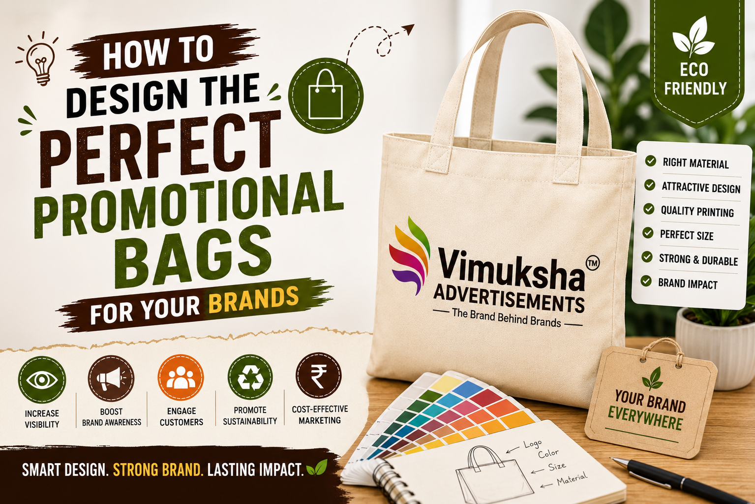 Promotional canvas bag with Vimuksha Advertisements logo, design tools, and branding elements illustrating how to design the perfect promotional bags for your brand.