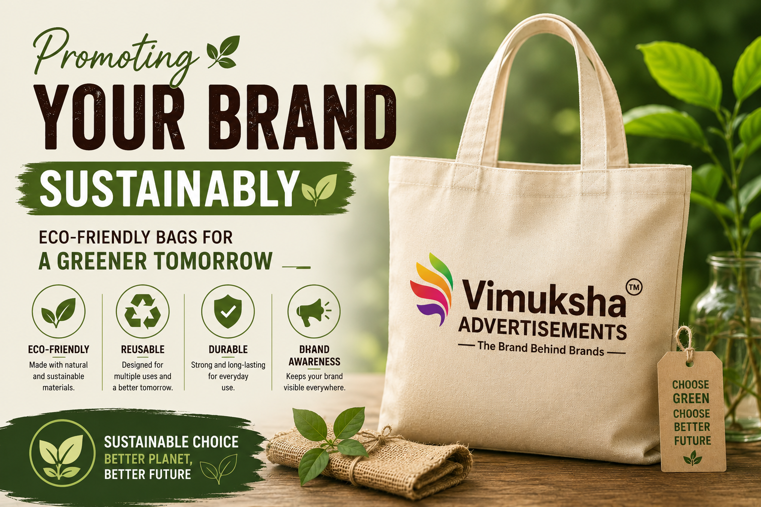 Eco-friendly Promotional bags with Vimuksha Advertisements logo promoting sustainable branding.