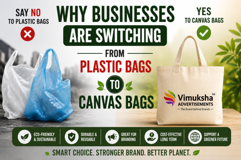 Why Businesses Are Switching from Plastic Bags to Canvas Bags infographic showing plastic bags on one side and a reusable canvas bag with the Vimuksha Advertisements logo on the other, highlighting eco-friendly, durable, reusable, and sustainable business branding benefits.